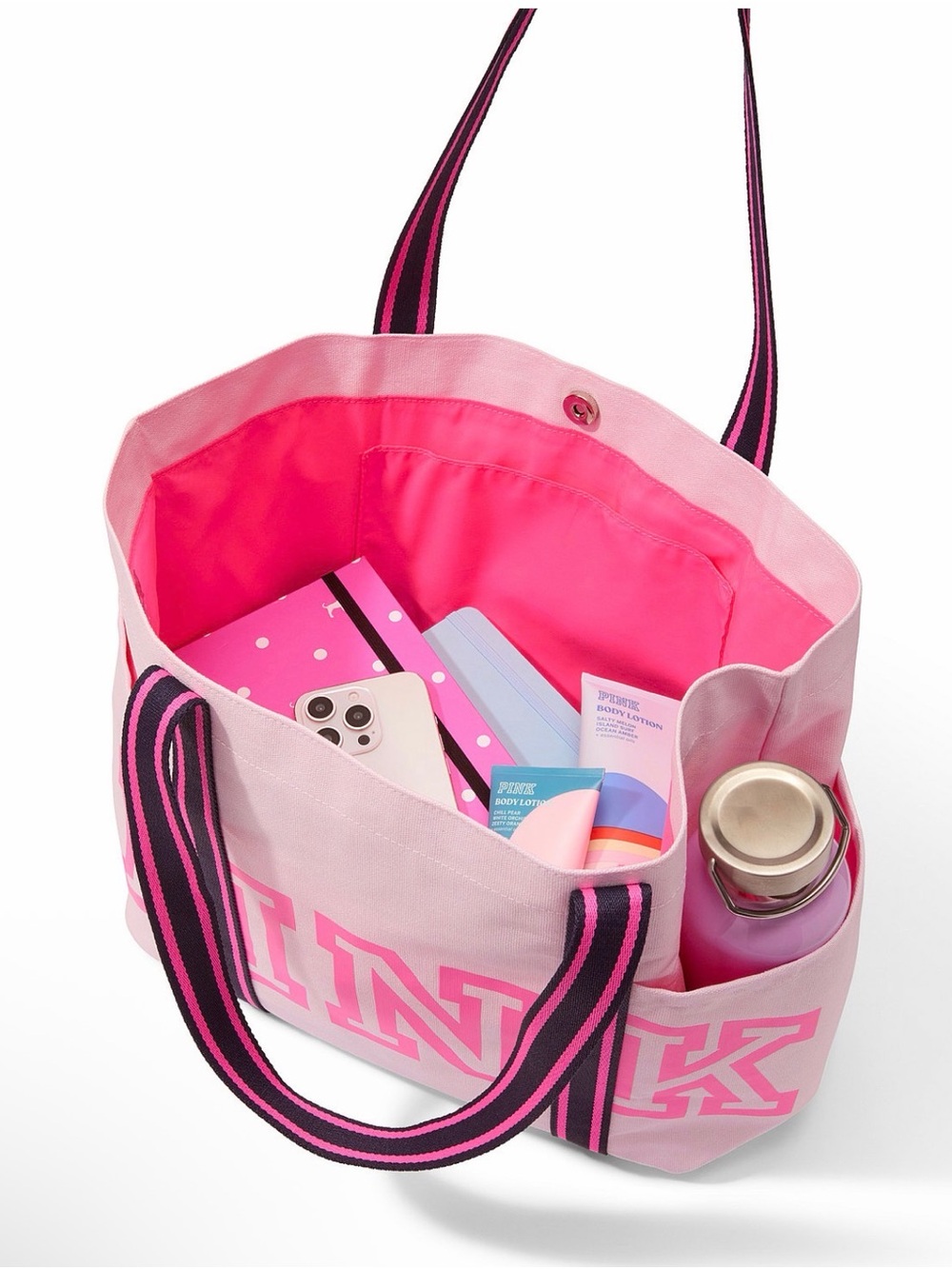 PINK Victoria's Secret Light Pink Tote with Hot Pink Logo and Striped Handles - Picture 3 of 3